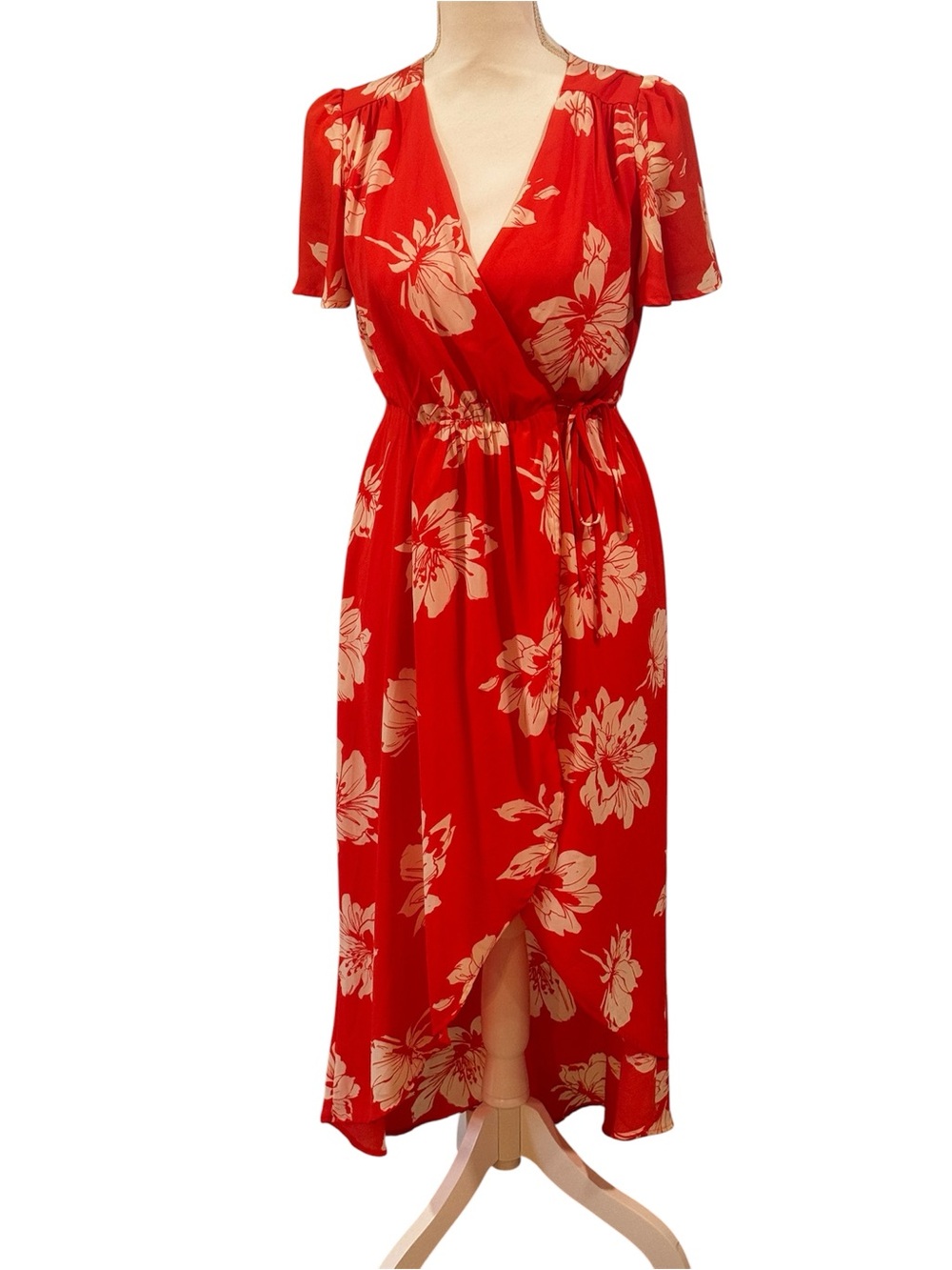 Mi Ami orange & white floral wrap midi dress with front tie, high low hem, XS.